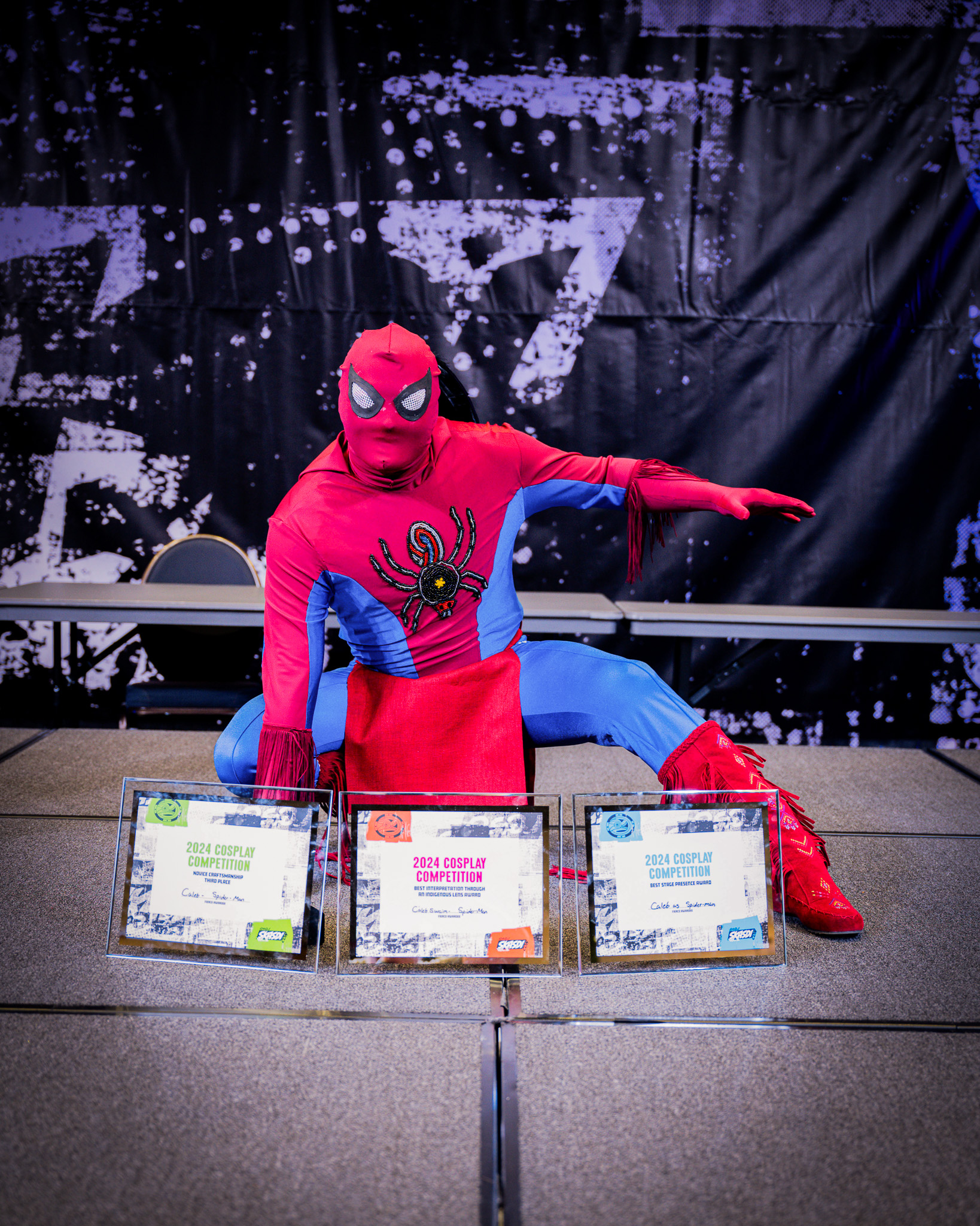 Craftsmanship (Novice) / 3rd Place / Caleb Swaim as Spider-Man  Best Stage Presence / Caleb Swaim as Spider-Man  Best Interpretation through an Indigenous Lens / Caleb Swaim as Spider-Man